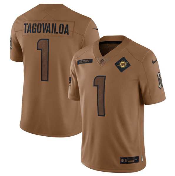 Men's Miami Dolphins #1 Tua Tagovailoa 2023 Brown Salute To Service Limited Football Stitched Jersey Dyin